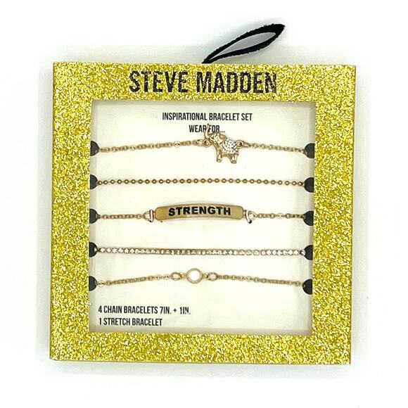 Steve Madden 5 Piece Mixed Chain and Rhinestone Stretch Bracelet Set - Picture 1 of 6